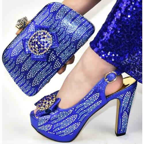 Luxury african shoes and bags matching set 12CM blue ladies high heel shoes with stone italian shoes with matching bags 688-2