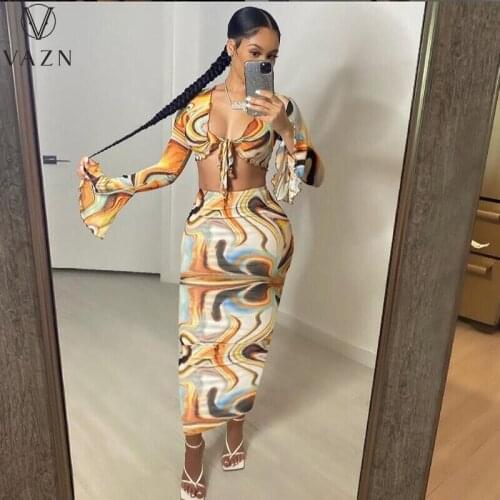 VAZN 2021 INS Young Sexy Geometric Elements Print Full Puff Sleeve Fashion Top Maxi Bandage Skirts Women 2 Piece Set