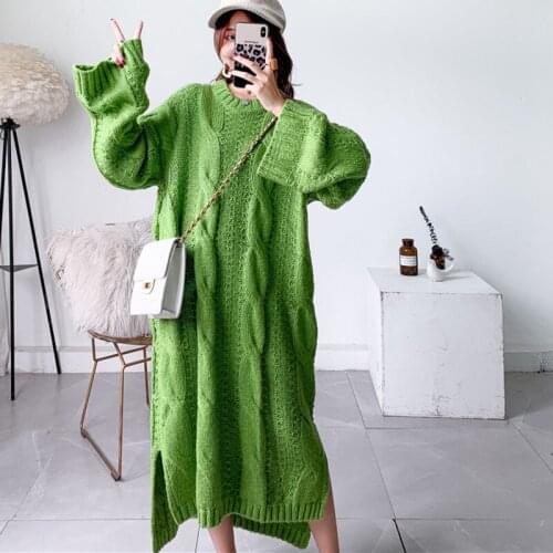 Fashion Korea Style Sweater Temperament Winter Long Sleeve Round Neck Solid Color Mid-calf Loose Waist Pullover X620