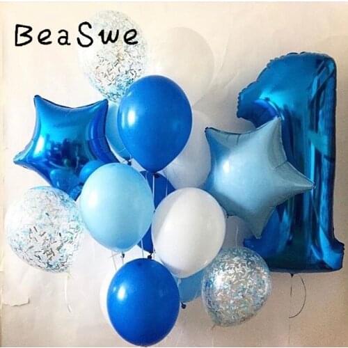 16pcs/lot Large Size 40 inch Helium Blue Foil 1 Number Balloon Star transparent confetti Baby Boy Birthday Party Decor supplies