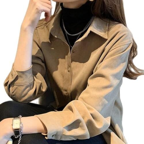 2021 Spring Womens Plus Size Turn-down Collar Blouses Casual Shirts Office Lady Solid Long-sleeved Retro Tops