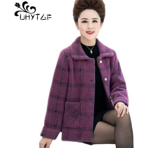 UHYTGF Womens Spring Autumn Jacket Quality Mink Velvet Wool Coat Fashion Plaid Middle-Aged Mother Warm Plus Size Outerwear 2225