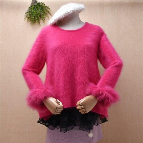Pull rose lined inside female women mink cashmere knitted long fur sleeves loose pullover angora fur winter jumper sweater pull