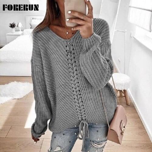 FORERUN Women Knitted Sweater Solid Lace Up Drawstring Pullover V-Neck Top with Sleeve Autumn Winter Vintage Sweter Mujer 2021