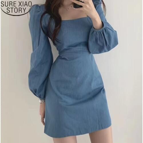 Spring Dress Square Collar Korean Style Chic Drsss Women High Waist Slim Fit Blue Dresses Puff Sleeve Mini Dress Vestidos 12148