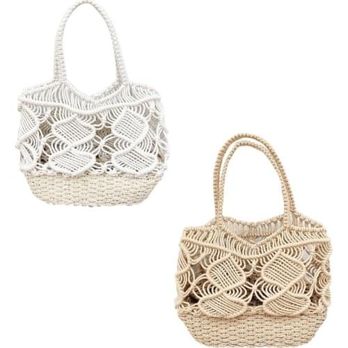 066F Women Woven Cotton Rope Beach Tote Bag Crochet Hollow Out Shoulder Handbag Bohemian Travel Fishing Net Shopping Purse