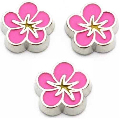 10pcs/lot Metal Enamel Silver Pink Flower Floating Charms For Living Glass Memory Floating Lockets Necklace Bracelet DIY Jewelry