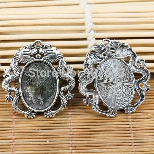 12pcs tibetan silver tone double dragons rim oval cameo pendant EF1843