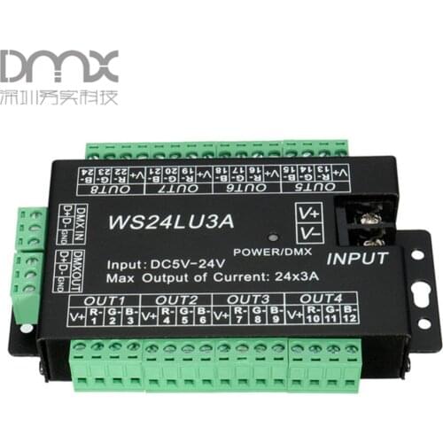 24CH Easy dmx512 decoder,LED dimmer Controller WS24LU3A DC5V-24V,each channel Max 3A,8 groups RGB controller,Iron shell