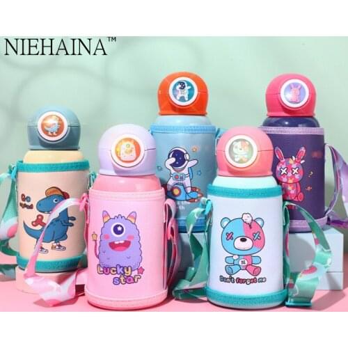 500Ml New Flashing Strap Children Student 316 Stainless Steel Portable Vacuum Straw Thermos Cup Water Bottle