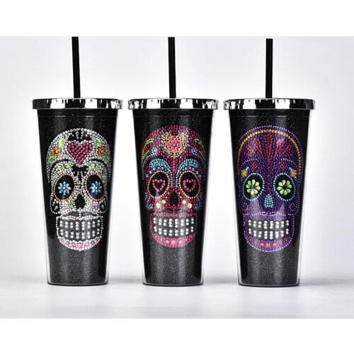 Double wall 700ml/710ml 22oz/24oz plastic skull skeleton mug halloween mug with straw for halloween