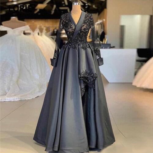 LORIE Dark Gray Lace Evening Dress Vintage Long Sleeves Satin Formal Evening Gown Arabic Plus Size Party Pageant Dress Plus Size