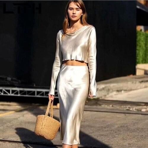 LTPH ins streetwear two piece set women solid satin long sleeve blouse outfits mid-length slim skirt casual sets 2021 autumn new