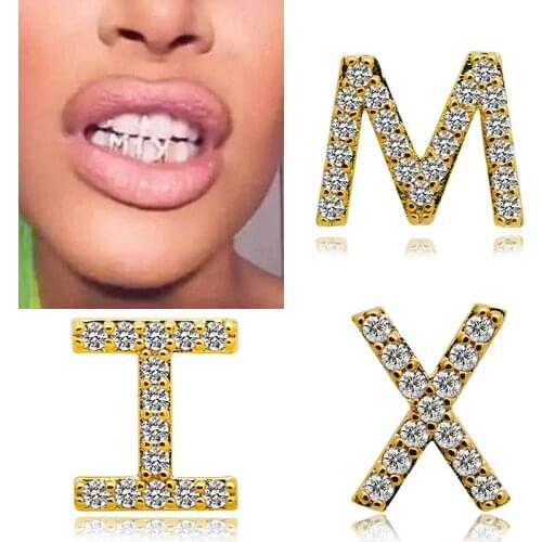 Fashion Crystal Tooth Cap 26 Letters Gold Color Teeth Grillz Iced Out Rhinestone Grills For Women Men Punk Teeth Jewery Party