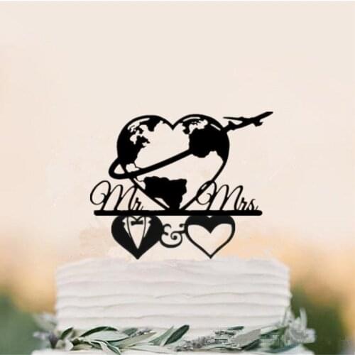 New Design World Map Wedding Cake Topper, Bride & Groom Travel World Map Wedding Cake Topper for Wedding Party Decoration