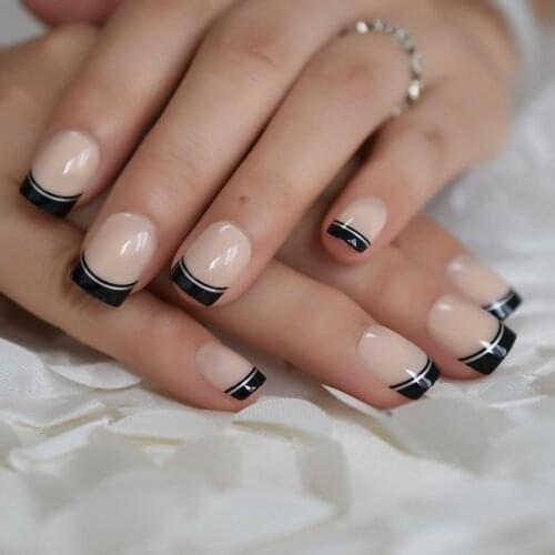 Nude Designed French Nail Black Boundary Special Fake Nails Short Daily Natural Smooth Artificial Nail