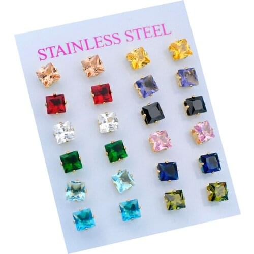 316L Stainless Steel Simple 12-color Zircon Square Earrings Womens Earrings Hypoallergenic