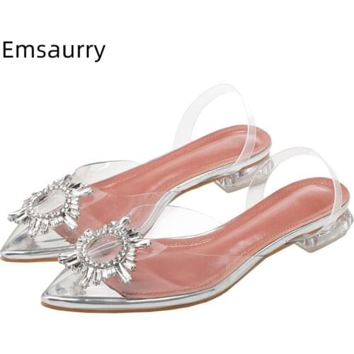 Clear PVC Transparent Flat Heel Sandals Women Point Toe Crystal Rhinestone Sunflower Buckle Decor Summer Shoes