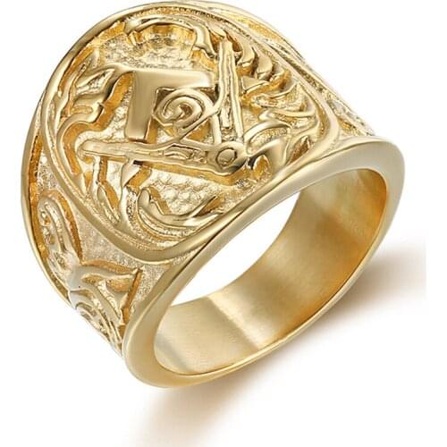 Drop shipping Gold color Masonic Ring for Men Jewelry AG Letter Carved Vintage 316L Stainless Steel Punk Biker Rings Size 7-13