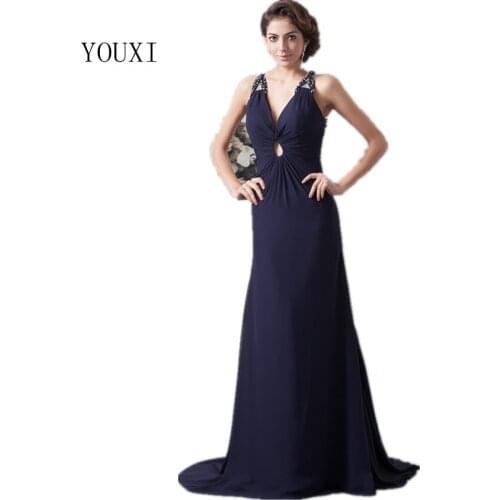 Sexy V-Neck Navy Blue Chiffon Evening Dresses 2019 New Arrivals Long Formal Prom Gowns