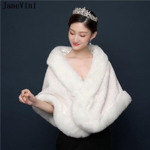 JaneVini Ivory Wedding Fur Coat Winter Bolero Short Bridal Faux Fur Wraps Women Warm Shawls Jacket for Evening Party Accessories