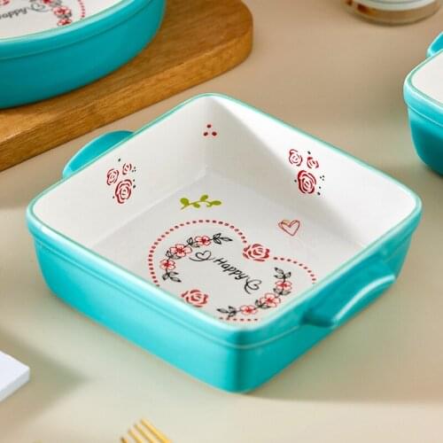 Love stripe baking plate double ear round square dish plate household tableware microwave oven oven baked rice plate with cheese