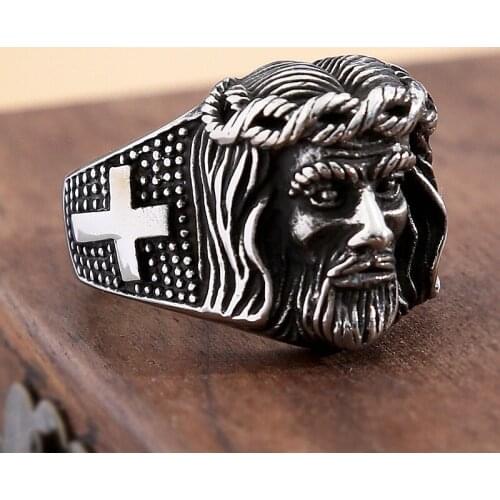 Vintage Jesus Head Cross Ring For Men And Women Gothic Black Stainless Steel Biker Ring Fashion Punk Religious Christ Jewelry