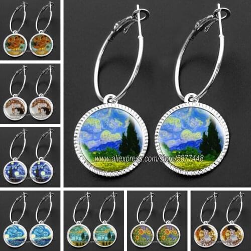 Van Gogh Dangle Earrings Starry Night Loop Earring Women Girl Gift Glass Cabochon Jewelry Hoop Earings Delicate Ear Hoop