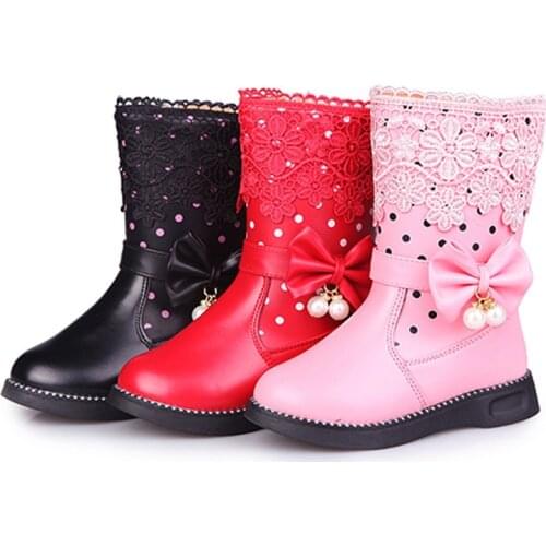Girls High Boots Fashion Fur Shoes With Girls Children Lace Pearl Lace Fashion Boots Botas Femininas Rubber Boots Winter Boots