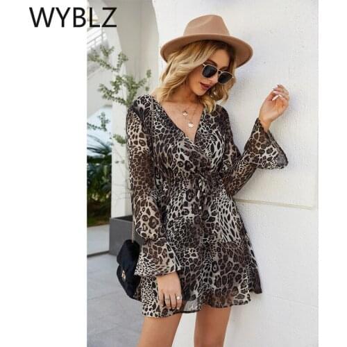 WYBLZ 2021 New Spring Autumn Leopard Printing Dress Women Casual Full Sleeve High Waist Loose Print Mini Dress Female V-Neck