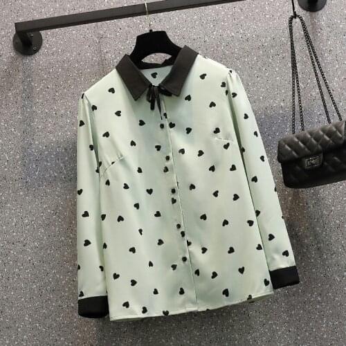 Green Printed Long Sleeved Plus Size Korean Autumn Elegant Fashion Blouses And Tops WomenS Oversize Shirt Clothing 2021 Female