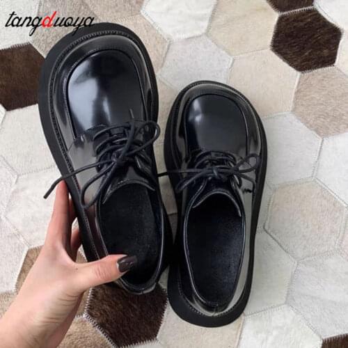 Platforms Shoes Women Bottom Heels Woman spring Shoes Round Big toe Shoe British Style Girls Footwear Slip On Black Chunky Heels