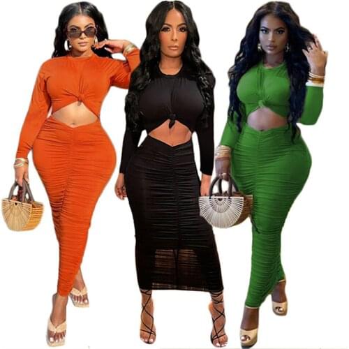 RStylish 2021 Autumn Fashion Women Clothing Solid Color Long Sleeve O Neck Crop Top Shirring Maxi Skirt Street 2 Piece Set