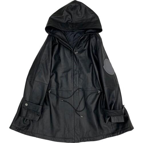 Genuine Leather Spring 2020 new ladies oversized loose shawl strap hooded street motorcycle trench coat