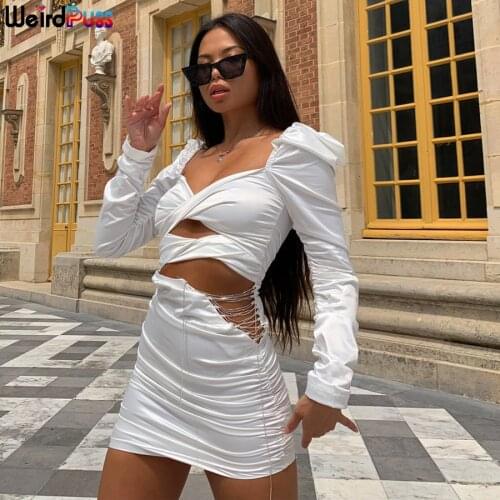 OrangeA Women Elegant Sexy Bodycon Dress Long Sleeve Hollow Out Cross Ruched Fashion Mini Dress Skinny Hight Street Clubwear
