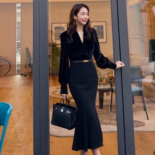 2021 New High-end Velvet Fishtail Dress Women Elegant V-neck Long Sleeve Splice Slim Sexy Bodycon Party Lady Long Dress Vestidos