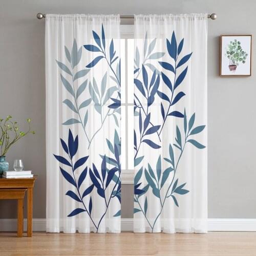 Bamboo Blue Flowers Window Curtains for Living Room Kitchen Door Curtain Sheer Curtains for Bedroom