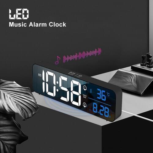 Music LED Digital Alarm Clock Temperature Date Display Desktop Mirror Clocks Home Table Decoration Electronic Clock 2000 mAh