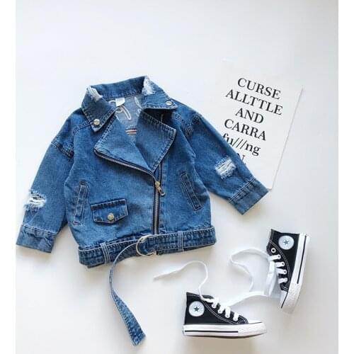 Children Girls Autumn Thin Clothing Cartoon Outerwear Loose Hole Denim Jacket Kids Fashion Zip Top Clothes Coats 1-6T