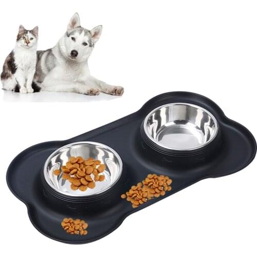 Double Dog Bowl With Silicone Mat Durable Stainless Steel No Spill Pet Feeding Bowl Drinking Water Food Dog Feeder Supplies