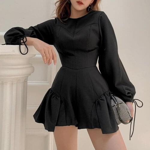 Gothic Black Pleated Dress Lady Fashion Bandage Frock Slim Fit Dark Streetwear Women Sexy Mini Dress Vintage Style