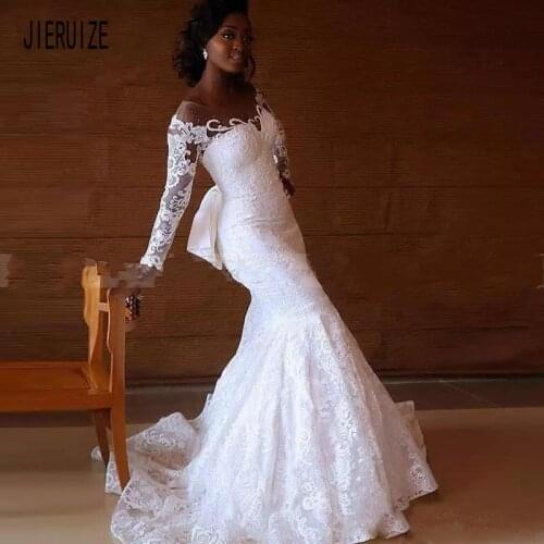 JIERUIZE African Mermaid Wedding Dresses Scoop Neck Long Sleeves Appliques With Bow Button Back Bridal Dresses Vestido De Noiva