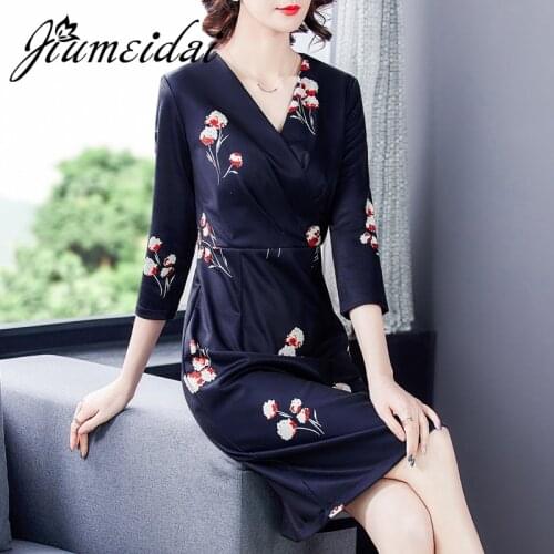 JiuMeiDai 2020 Women Autumn A-Line Dress Office Lady Elegant Printed Long Dresses Female V-Neck Fahion Party Clothing Plus Size
