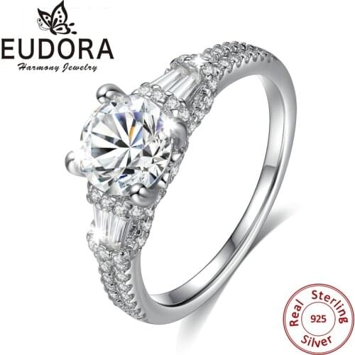 EUDORA Round Cubic Zirconia Engagement Promise Ring Genuine 925 Sterling Silver Ring For Women Fashion Wedding Jewelry CYJ008