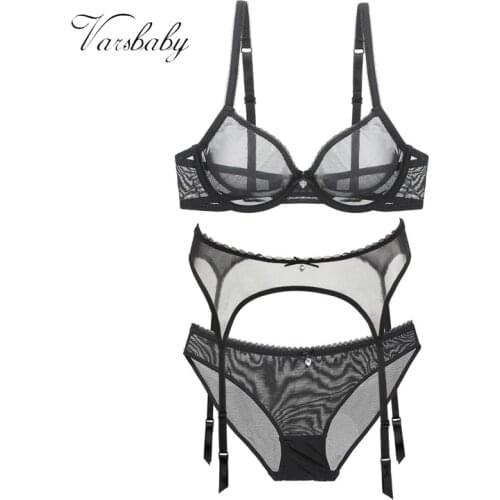 Varsbaby women' sexy transparent unlined underwear underwire bra sets 3 pcs/lots