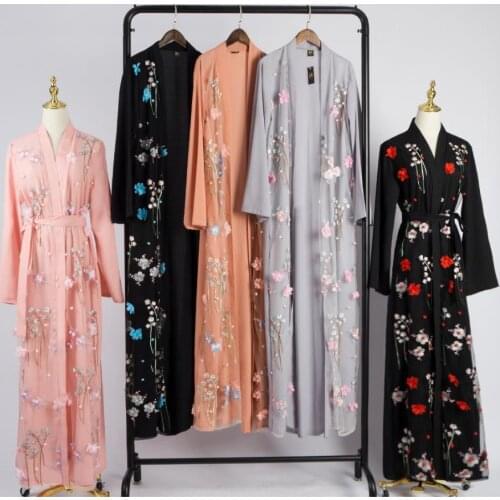 3D Appliques beading Muslim Dress Flounce Abaya Long Robe cardigan kimono Gowns Tunic Vestido Jalabiya Ramadan robe wq2464