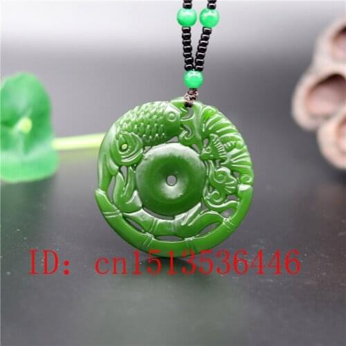 Natural Green Chinese fish Carved Jade Pendant Necklace Charm Jewellery Fashion Lucky Double-sided Man Woman Amulet