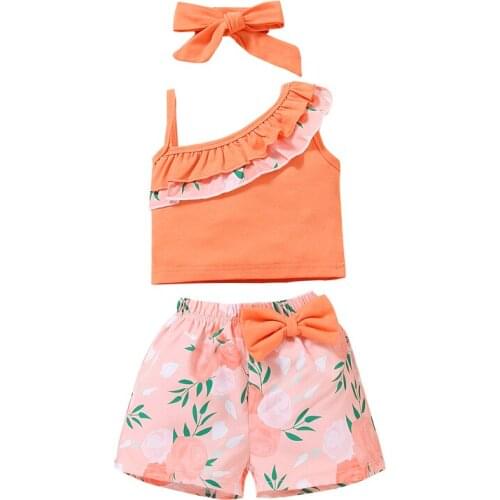 Pudcoco Baby Girls New Fashion Ruffles Trim Flowers One Shoulder Top+Bow Shorts Pants+Headwear 3Pcs Outfit Sets