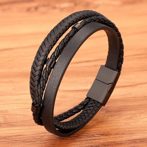New Trendy Black Leather Men Bracelets Punk Stainless Steel Multilayer Braided Rope Bracelets For Friend Simple Charm Jewelry
