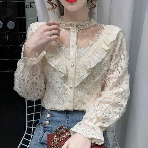 Autumn V-neck Mesh Stitched Ruffle Blouse Women Elegant Stand Collar Hollow Lace Shirt Flare Long Sleeve Top Women Blusas 16850